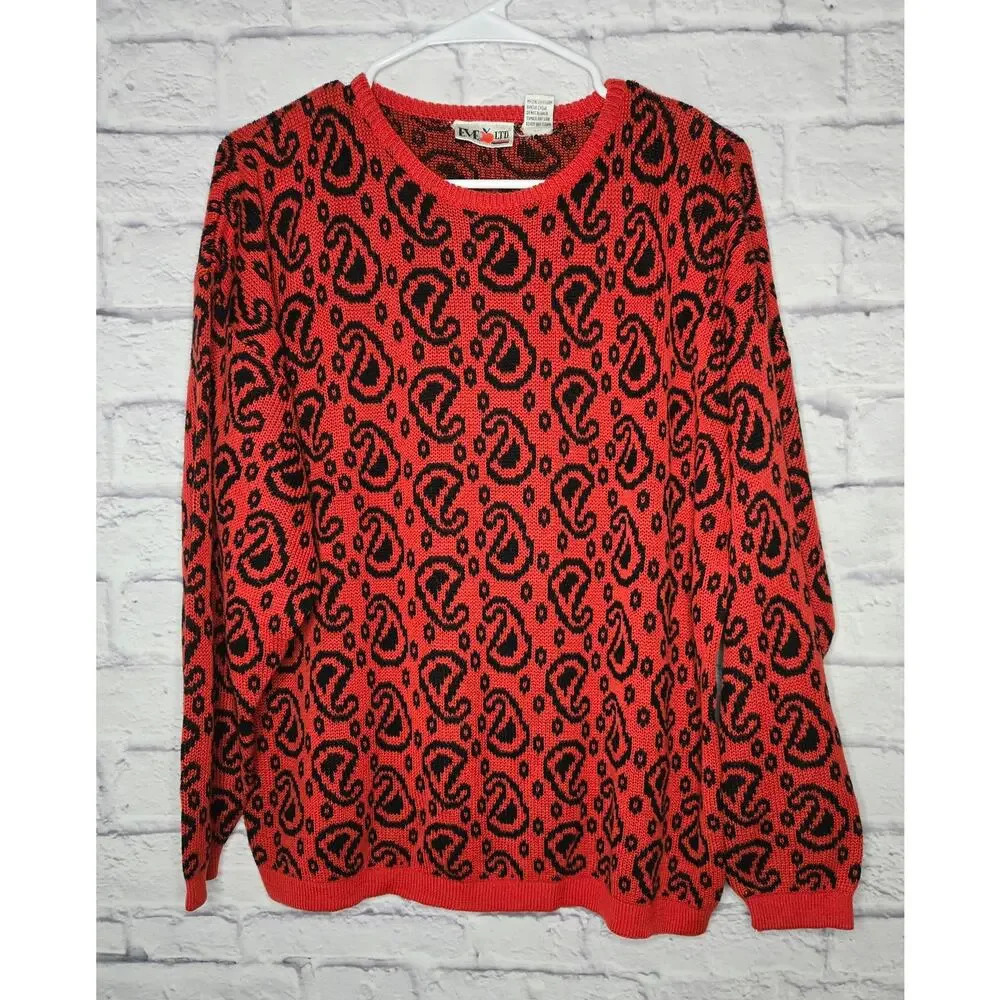 Vintage EVE LTD red paisley print knit retro pullover sweater size 44 XL.